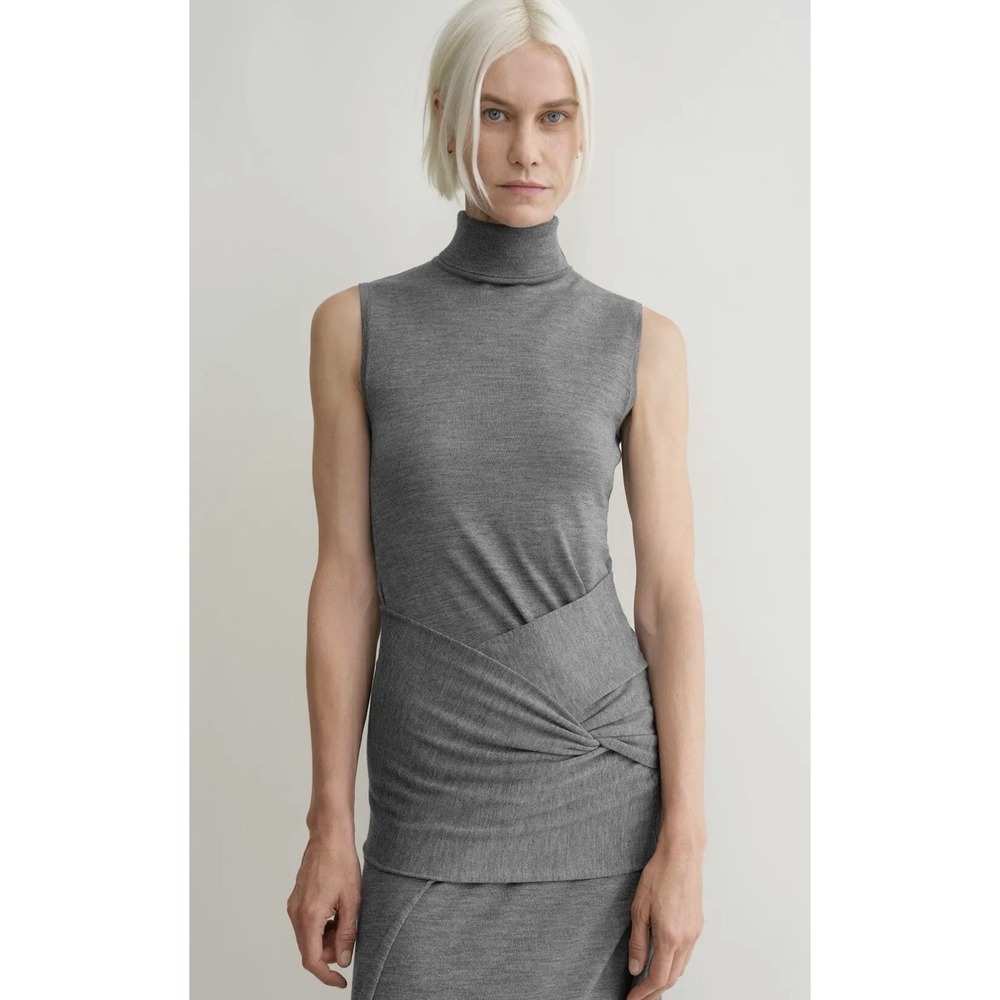 Toteme Turtle Neck Draped Grey Wool-Silk Knit Maxi Dress Sleeveless stretchy L - Picture 12 of 16